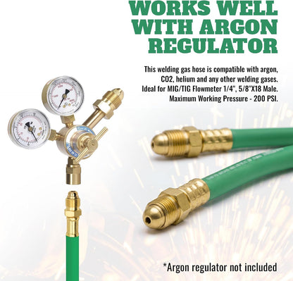 50 FT Argon Gas Hose, Inert Gas Welding Hoses for MIG/TIG Welding Regulator，Argon/CO2 Flowmeter Regulator Hose, 5/8" UNF-18RH, NPT Fittings, (50 Feet) AH-50-G